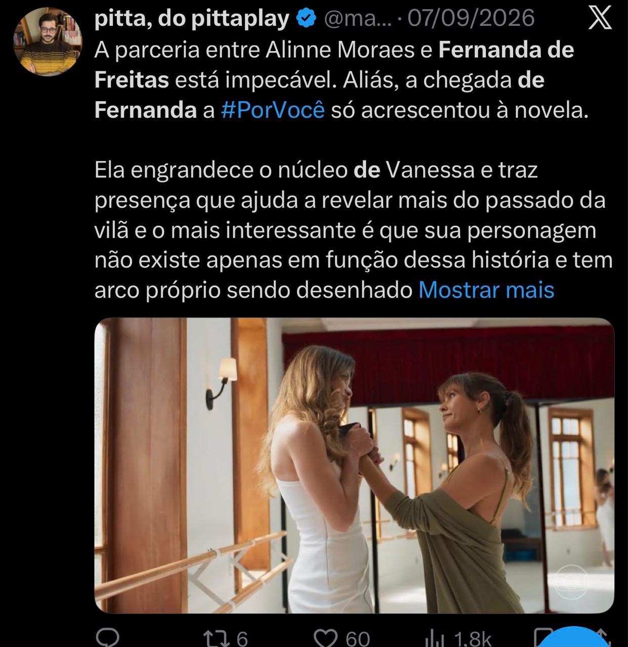Comentário do público sobre Fernanda de Freitas e a personagem Sílvia — registro 4